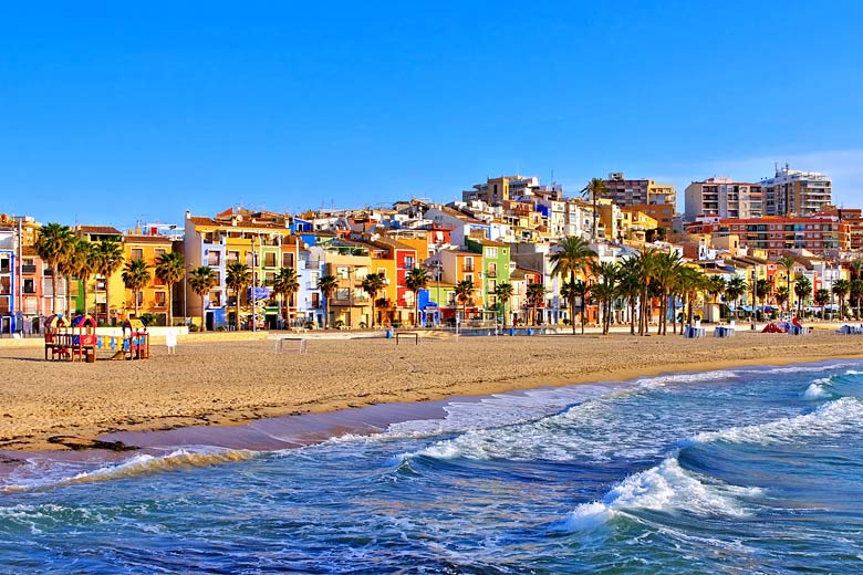 The colourful façades lining the beach at Villajoyosa, Costa Blanca The colourful façades lining the beach at Villajoyosa, Costa Blanca